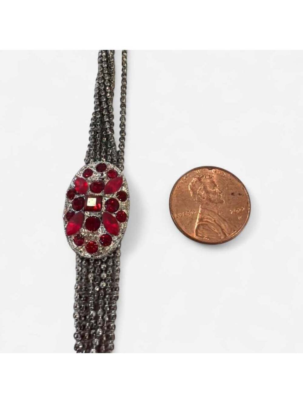 Multi-Strand Ball Chain Bracelet with Red Rhinestone Centerpiece